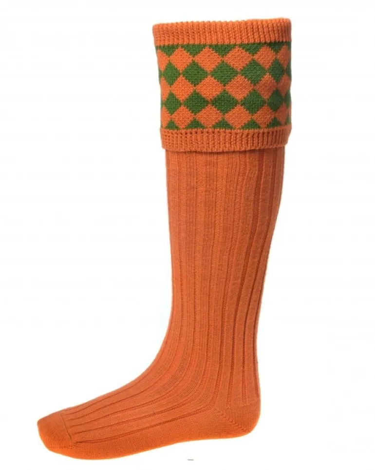 House Of Cheviot Men's Chessboard Sock Burnt Orange/Ivy Green